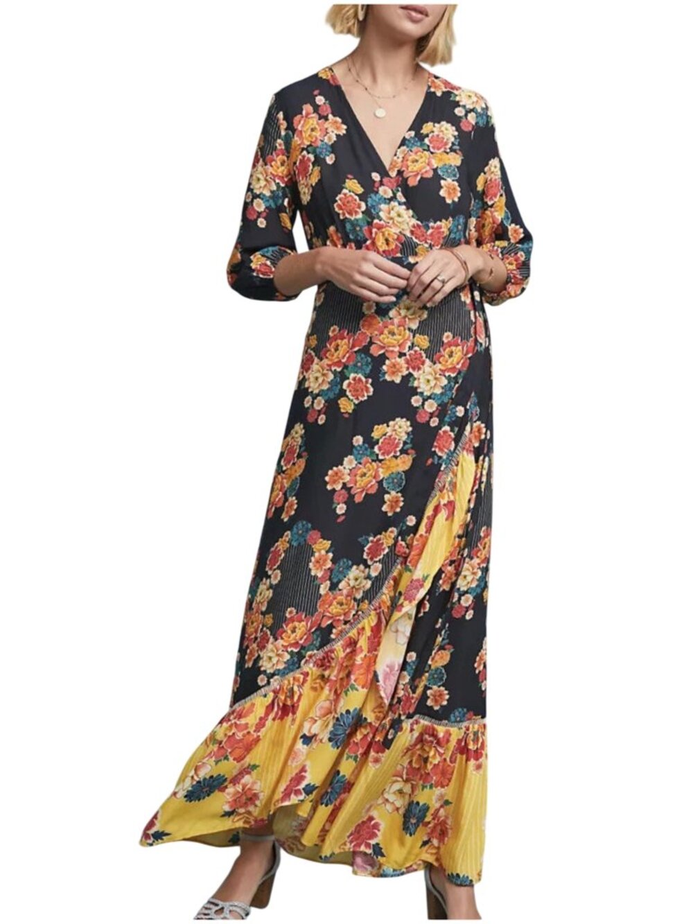 Farm Rio Loretta Maxi Wrap Dress size M medium black yellow floral v-neck